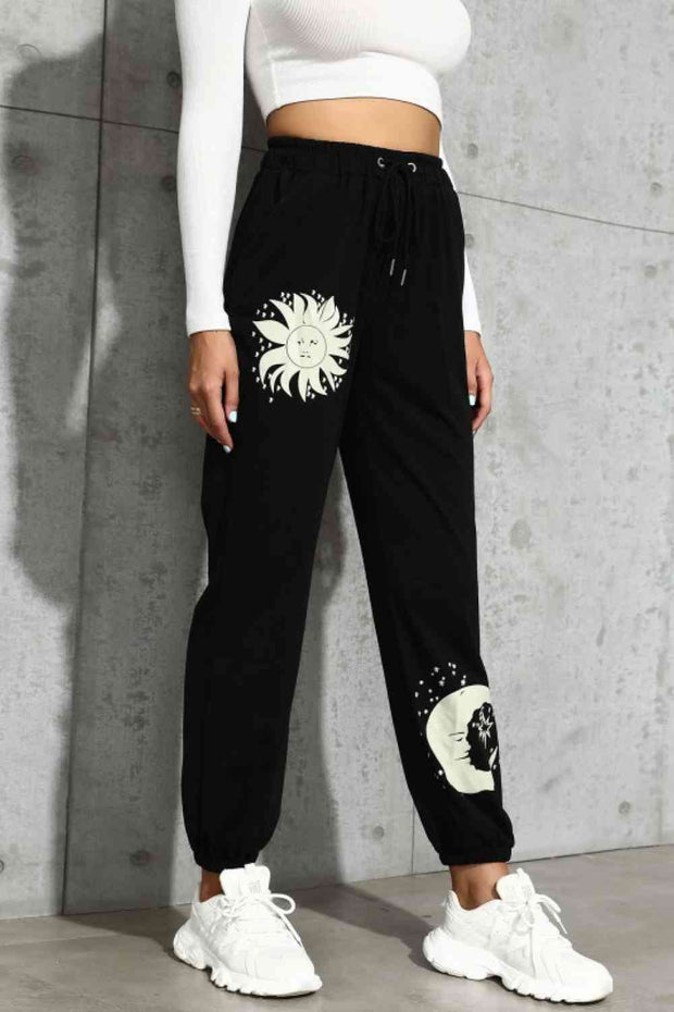 Sun and Moon Graphic Drawstring Joggers - Angel's Dream