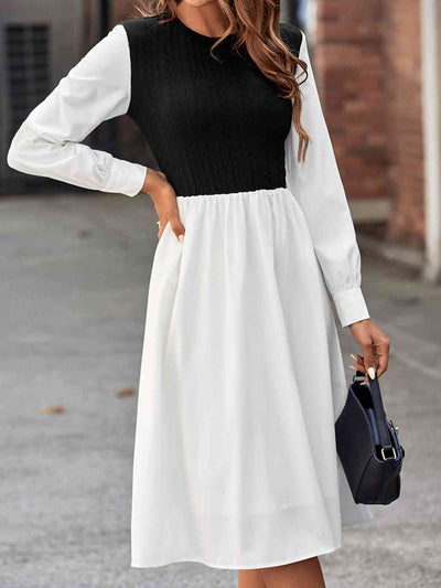 Contrast Round Neck Long Sleeve Dress - Angel's Dream