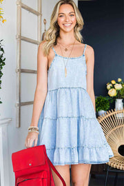 Spaghetti Strap Tiered Denim Dress - Angel's Dream