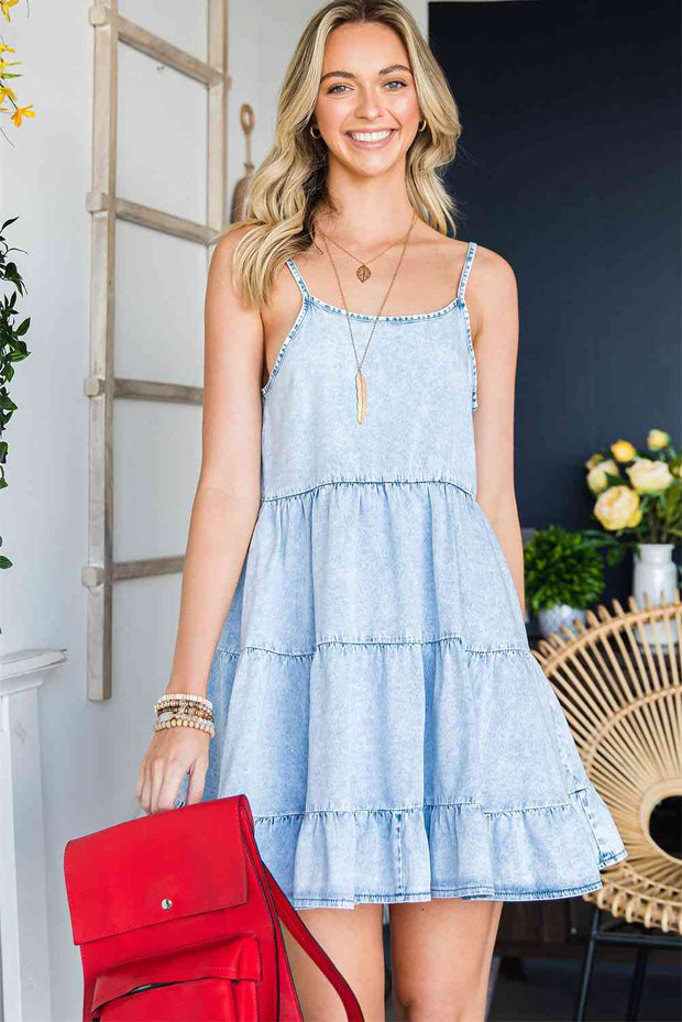 Spaghetti Strap Tiered Denim Dress - Angel's Dream