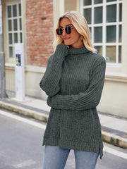 Ribbed Turtleneck Long Sleeve Slit Knit Top - Angel's Dream