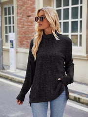 Ribbed Turtleneck Long Sleeve Slit Knit Top - Angel's Dream