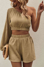 One-Shoulder Balloon Sleeve Crop Top and Shorts Set - Angel's Dream