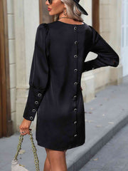 Button Back Round Neck Long Sleeve Dress - Angel's Dream