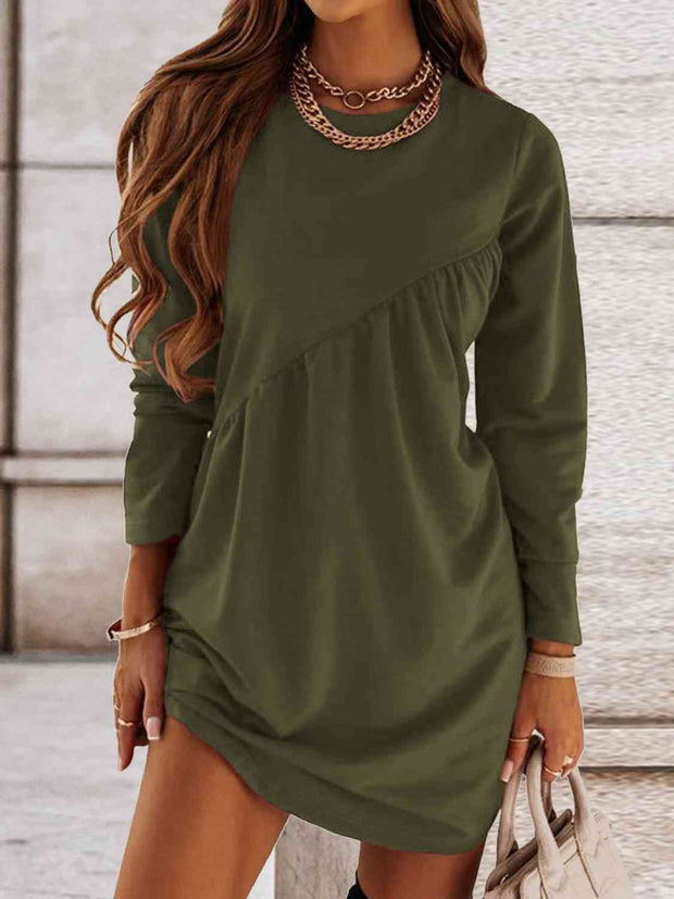 Ruched Round Neck Long Sleeve Dress - Angel's Dream