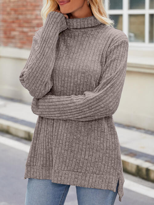 Ribbed Turtleneck Long Sleeve Slit Knit Top - Angel's Dream