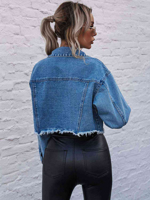 Raw Hem Collared Neck Denim Jacket - Angel's Dream