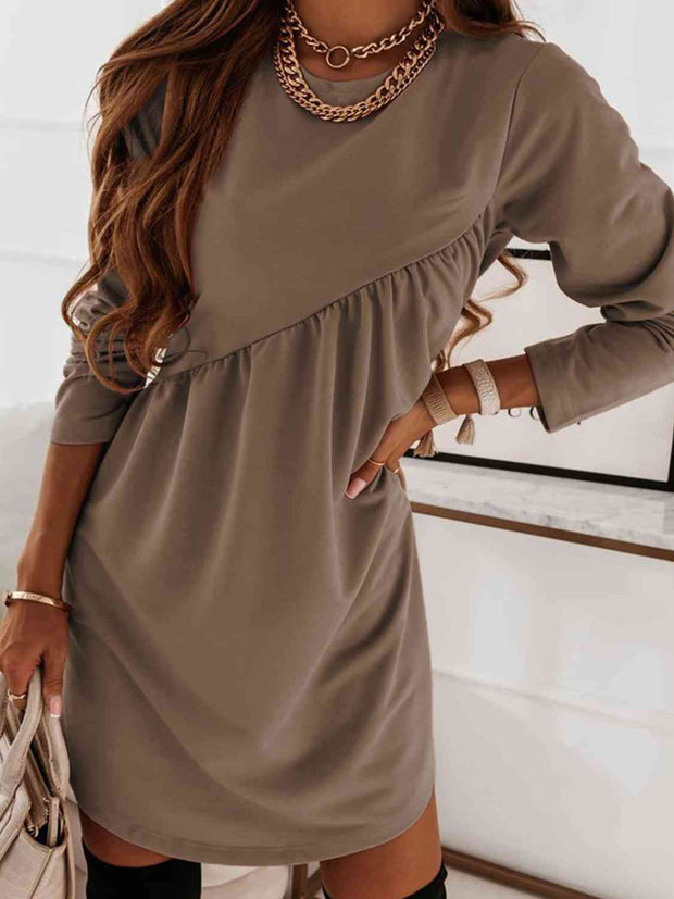 Ruched Round Neck Long Sleeve Dress - Angel's Dream