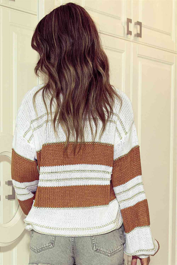 Striped Drop Shoulder Lantern Sleeve Sweater - Angel's Dream