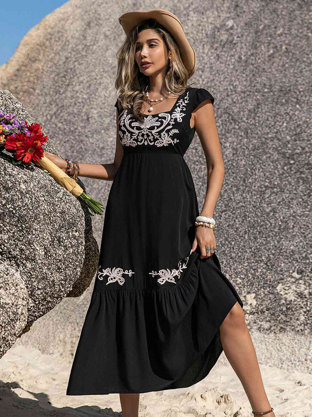 Embroidered Square Neck Ruffle Hem Dress - Angel's Dream