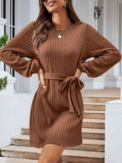 Round Neck Tie Front Long Sleeve Dress - Angel's Dream