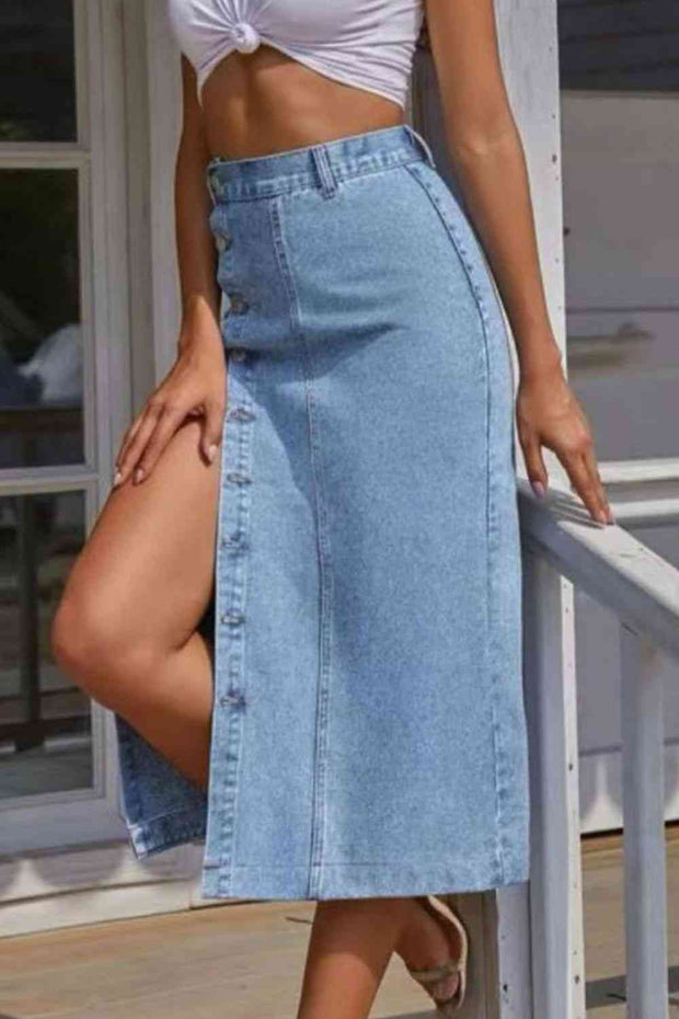 Buttoned Split Denim Skirt - Angel's Dream