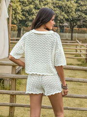 Eyelet Collared Neck Short Sleeve Top and Shorts Set - Angel's Dream