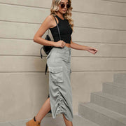 Drawstring Ruched Slit Denim Midi Skirt - Angel's Dream