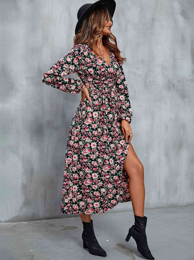 Floral V-Neck Slit Midi Dress - Angel's Dream