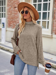 Ribbed Turtleneck Long Sleeve Slit Knit Top - Angel's Dream