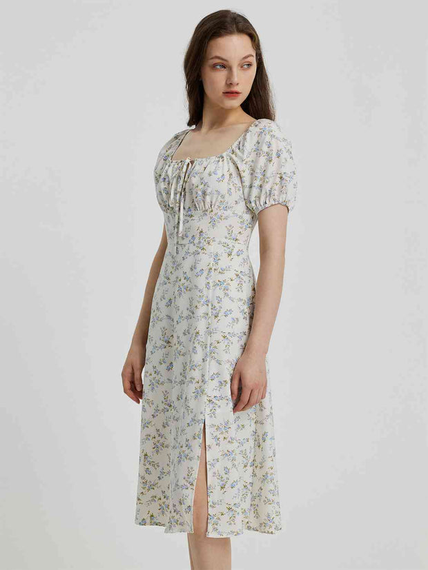 Printed Tie Front Square Neck Short Sleeve Slit Dress - Angel's Dream