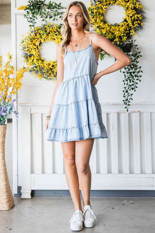 Spaghetti Strap Tiered Denim Dress - Angel's Dream