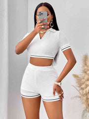 Waffle-Knit Collared Neck Cropped Top and Shorts Set - Angel's Dream