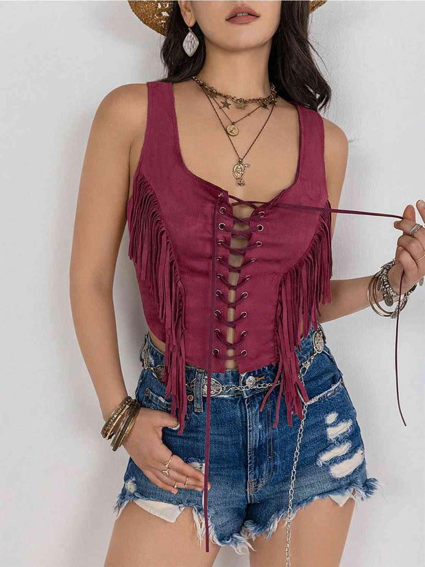 Fringe Lace-Up Vest - Angel's Dream