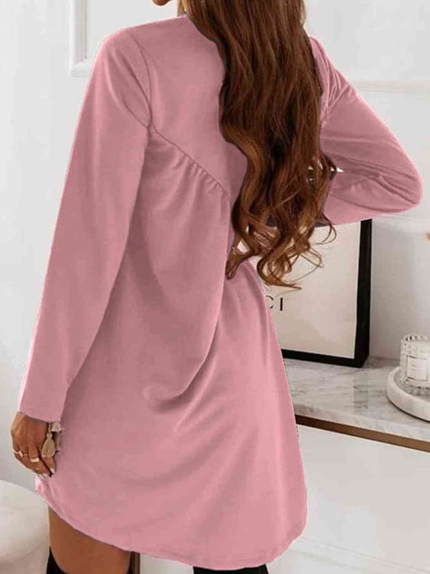 Ruched Round Neck Long Sleeve Dress - Angel's Dream