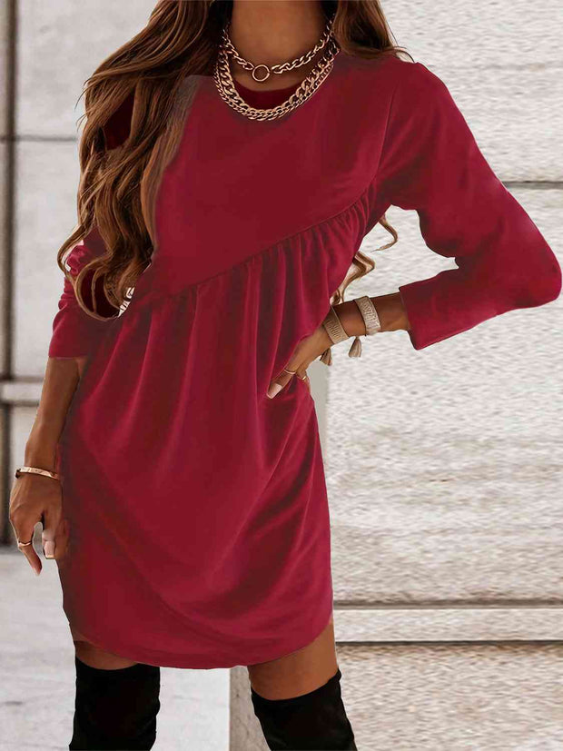 Ruched Round Neck Long Sleeve Dress - Angel's Dream