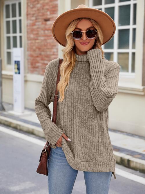 Ribbed Turtleneck Long Sleeve Slit Knit Top - Angel's Dream