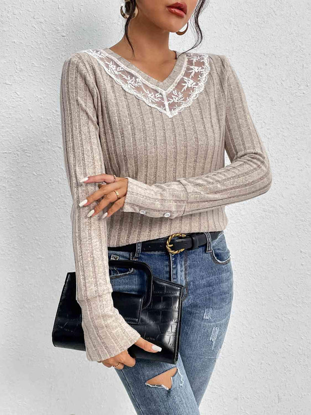 Lace Detail Ribbed V-Neck Long Sleeve Top - Angel's Dream