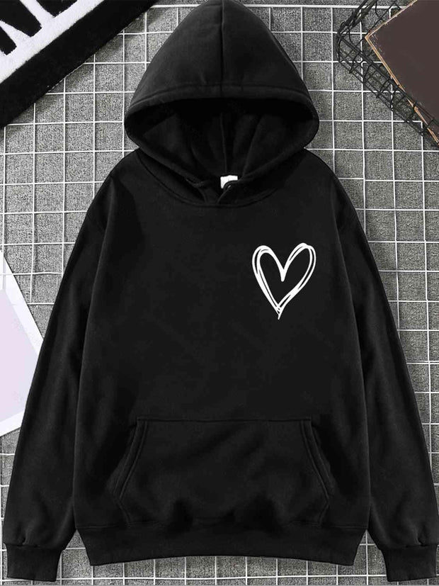 Heart Graphic Drawstring Hoodie with Pocket - Angel's Dream