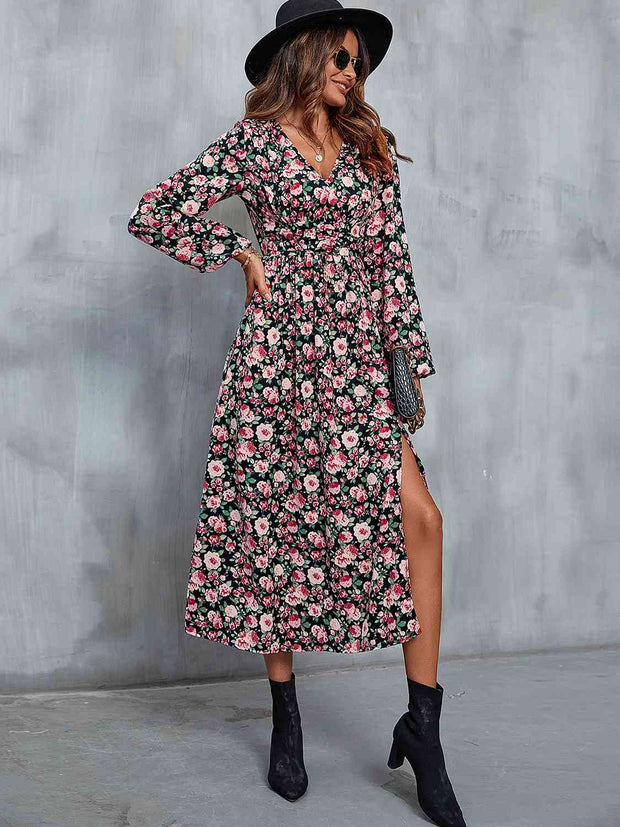 Floral V-Neck Slit Midi Dress - Angel's Dream