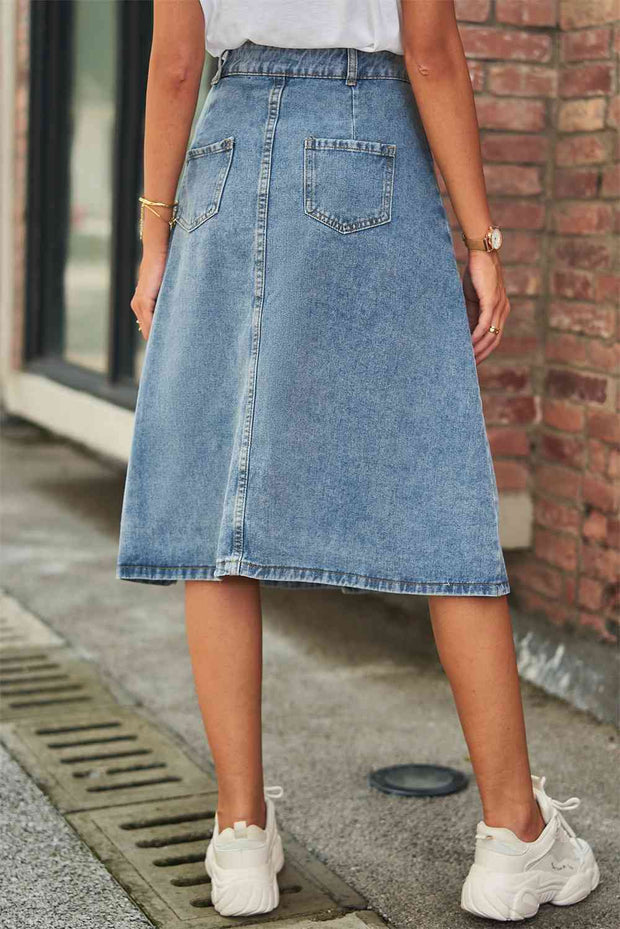 Button Front A-Line Denim Skirt - Angel's Dream