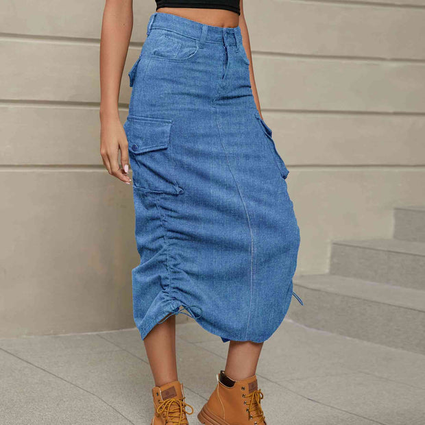 Drawstring Ruched Slit Denim Midi Skirt - Angel's Dream