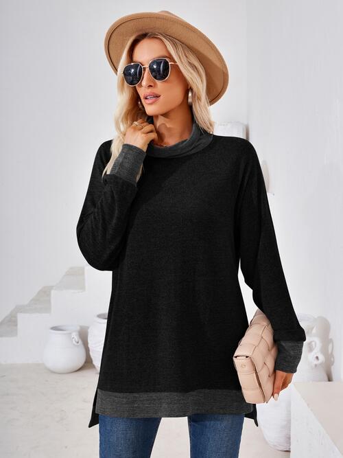 Contrast Mock Neck Long Sleeve T-Shirt - Angel's Dream