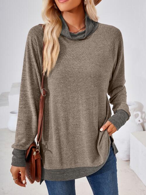 Contrast Mock Neck Long Sleeve T-Shirt - Angel's Dream