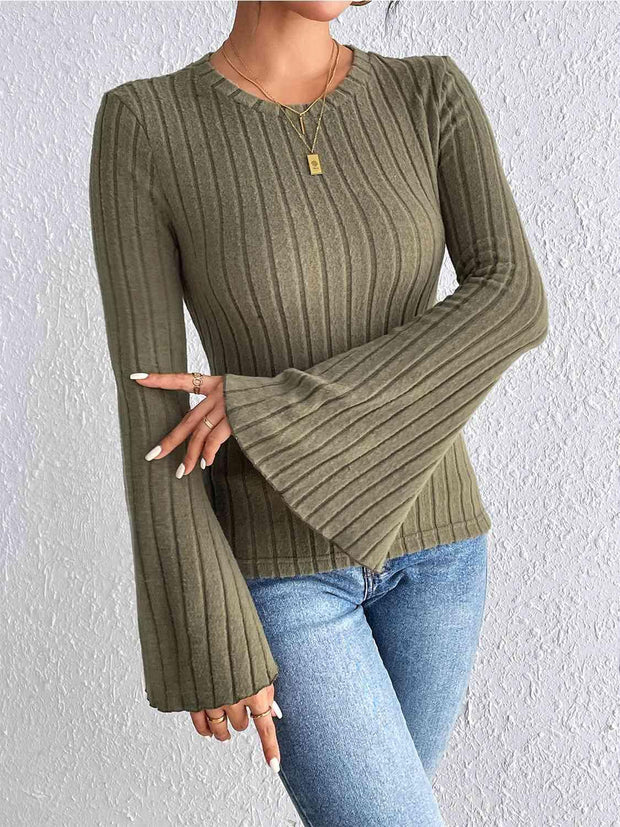 Ribbed Round Neck Flare Sleeve Top - Angel's Dream