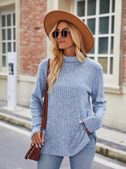 Ribbed Turtleneck Long Sleeve Slit Knit Top - Angel's Dream