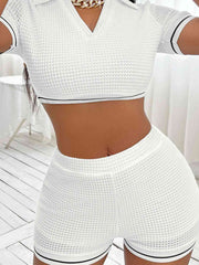 Waffle-Knit Collared Neck Cropped Top and Shorts Set - Angel's Dream