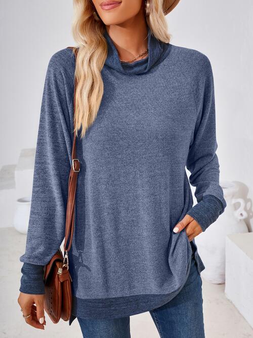 Contrast Mock Neck Long Sleeve T-Shirt - Angel's Dream