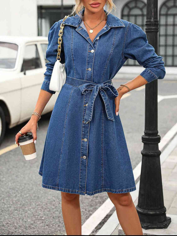 Button Down Long Sleeve Denim Dress - Angel's Dream