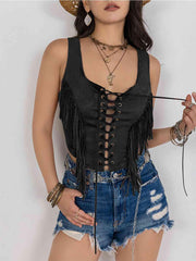 Fringe Lace-Up Vest - Angel's Dream