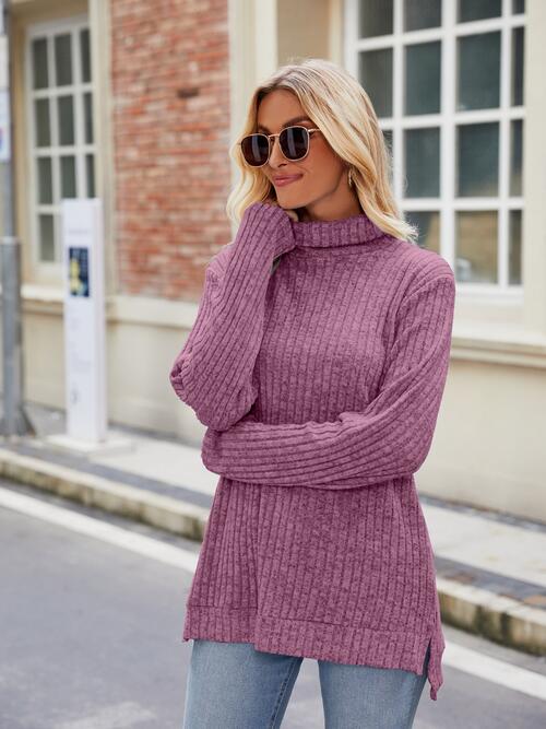 Ribbed Turtleneck Long Sleeve Slit Knit Top - Angel's Dream