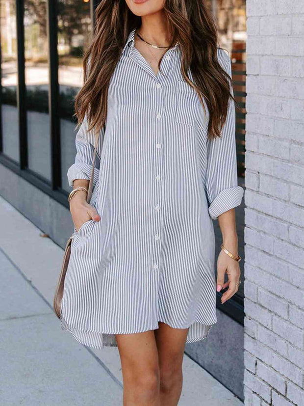 Striped Button Up Collared Neck Long Sleeve Shirt Dress - Angel's Dream