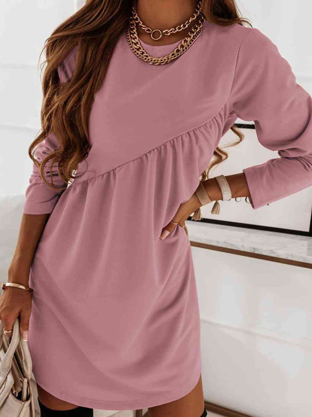 Ruched Round Neck Long Sleeve Dress - Angel's Dream