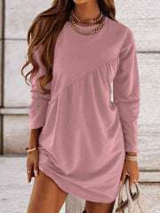 Ruched Round Neck Long Sleeve Dress - Angel's Dream