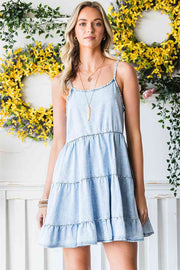 Spaghetti Strap Tiered Denim Dress - Angel's Dream