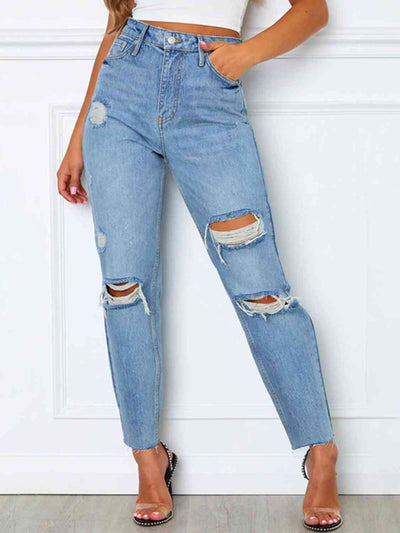 Distressed High Waist Straight Jeans - Angel's Dream