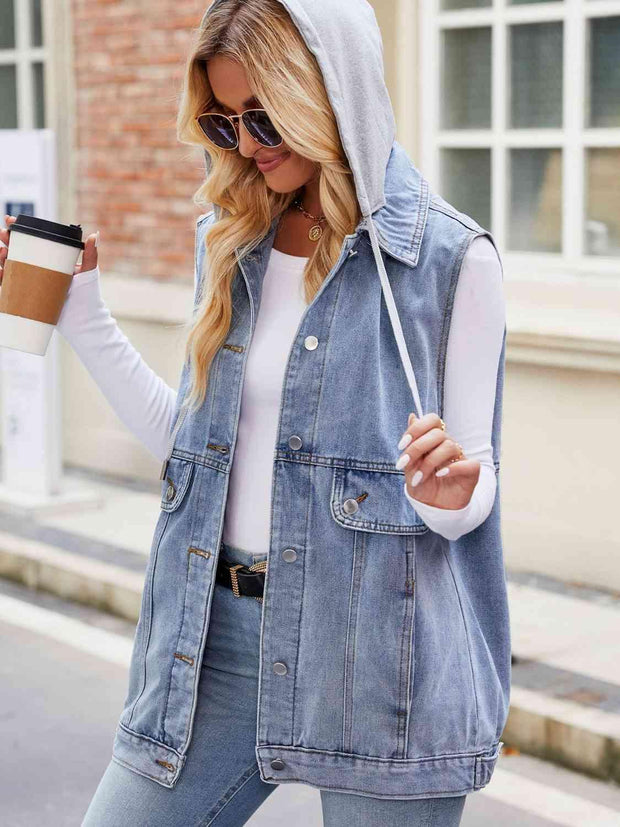 Drawstring Hooded Sleeveless Denim Jacket - Angel's Dream