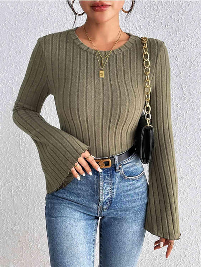 Ribbed Round Neck Flare Sleeve Top - Angel's Dream