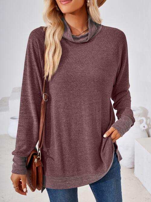 Contrast Mock Neck Long Sleeve T-Shirt - Angel's Dream