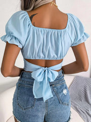 Square Neck Crisscross Flounce Sleeve Cropped Top - Angel's Dream